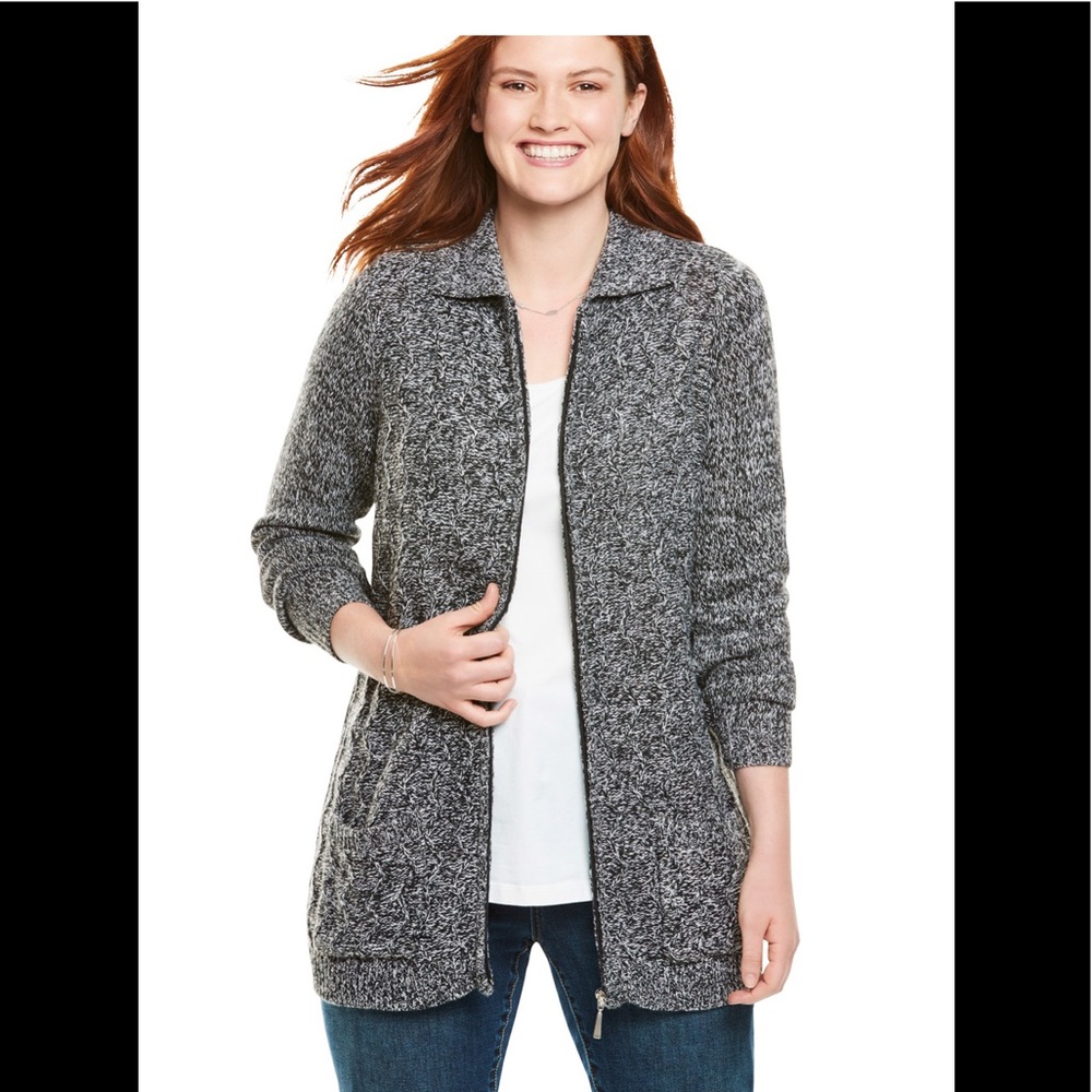 Woman Within Women's Plus Size Marled Zip-Front Cable Knit Cardigan
